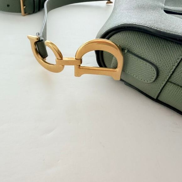 Christian Dior Saddle Bag Sage Green Crossbody Purse Pebble Leather Double Strap - Picture 6 of 15